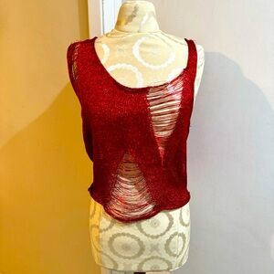 Vintage Metallic Red Fibers Woven Funky Punk Rock Roll Disco Thrashed Top Large